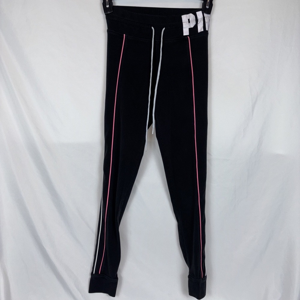 PINK Victorias Secret Black Leggings Sz Small Logo Pink White Purple Pinstripe
